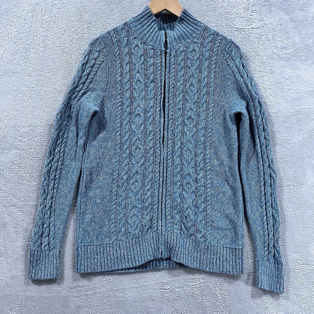 LL BEAN Full Zip Cable Knit Sweater Women's M Cotton Cardigan 90's Blue